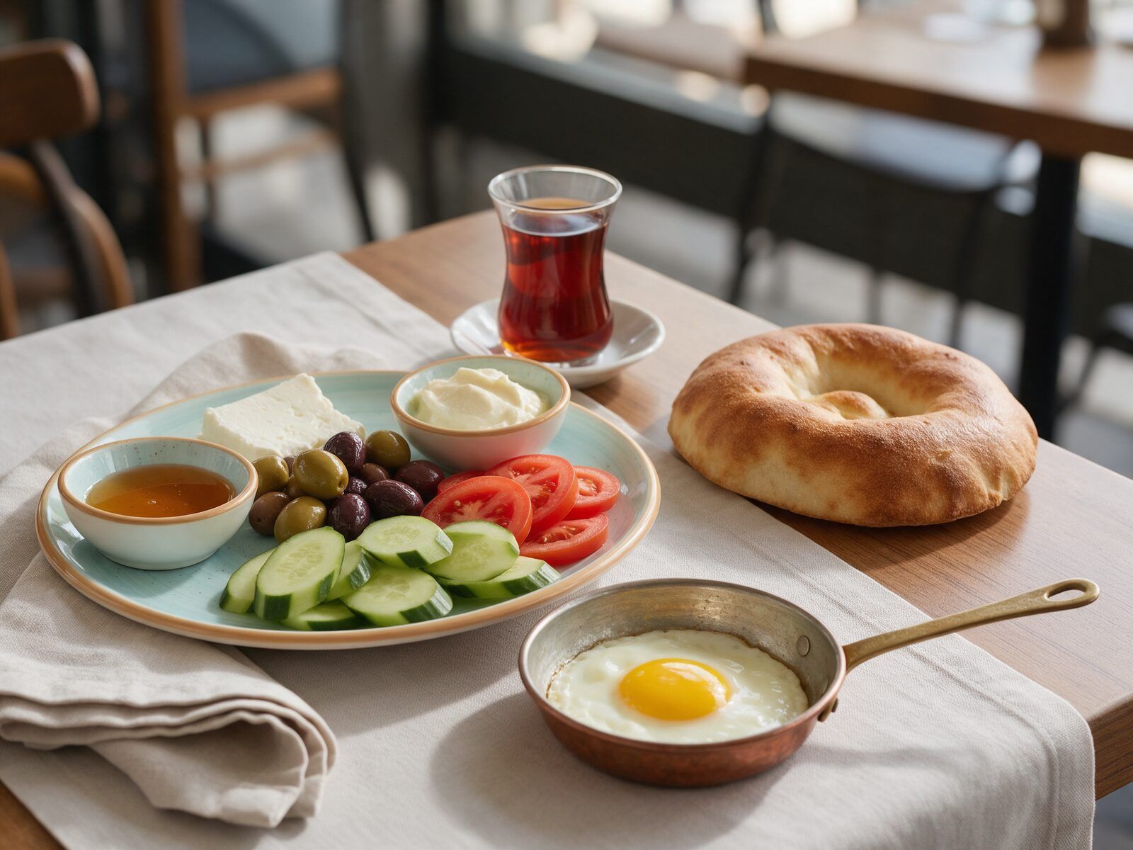 Kahvaltı tabağı: peynir, zeytin, domates, salatalık, bal-kaymak, sahanda yumurta ve çay