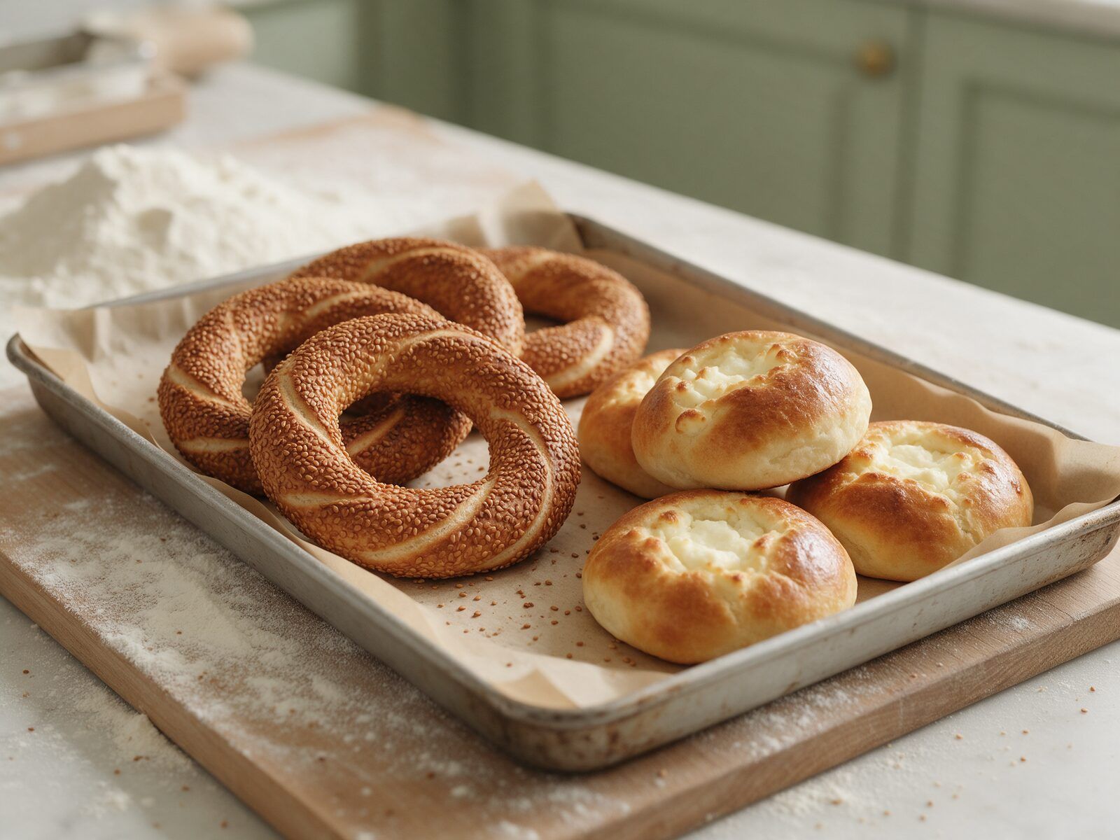 Fırın tepsisinde susamlı simit ve peynirli poğaça