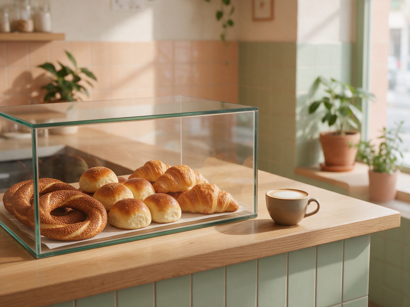 Fırın tezgâhında simit, poğaça ve kruvasanlı cam vitrin, yanında bir fincan kahve
